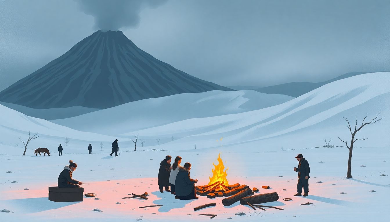 Create an illustration of a bleak, snow-covered landscape with people huddled around a fire, representing the 'year without a summer' caused by the Mount Tambora eruption.