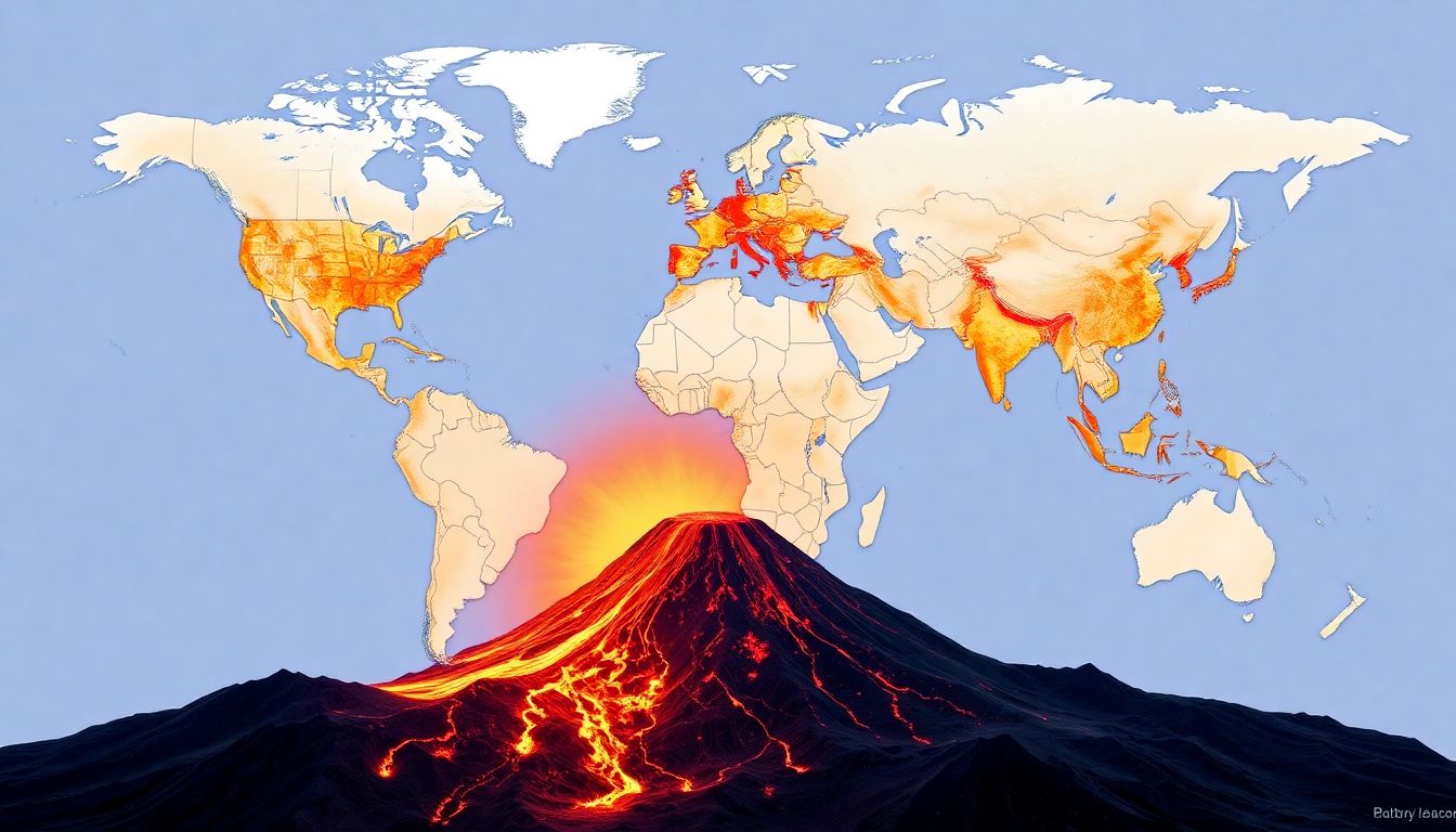 Create an image of a global map highlighting active volcanoes and potential evacuation routes, with a focus on areas at high risk.