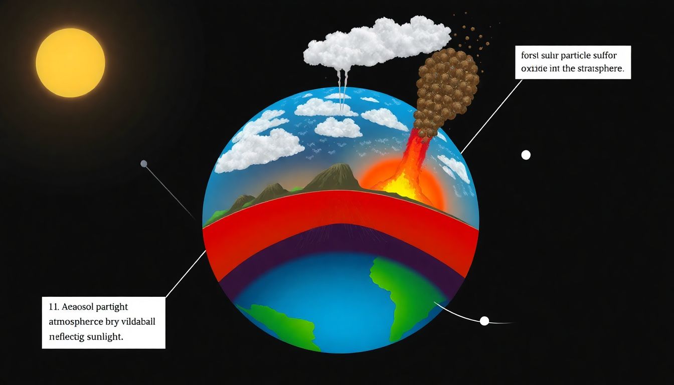 Design a diagram showing the Earth's atmosphere layers, with a volcanic eruption sending sulfur dioxide into the stratosphere, and aerosol particles reflecting sunlight.