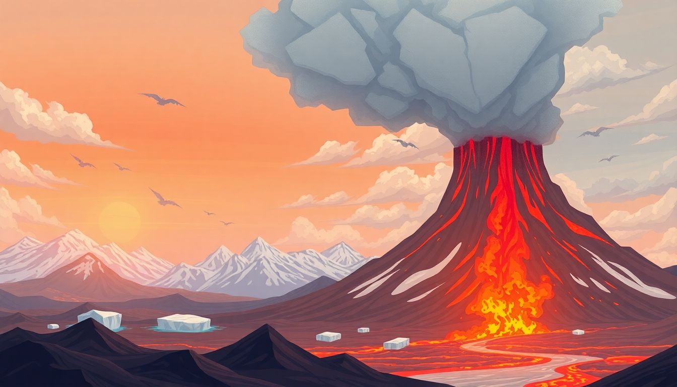 Illustrate a scene of a warming world with melting ice caps and extreme weather, juxtaposed with a massive volcanic eruption in the background.