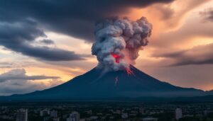 Generate an image of a massive volcanic eruption with a dark, ominous sky, and a cityscape in the foreground, highlighting the contrast between nature's power and human vulnerability.