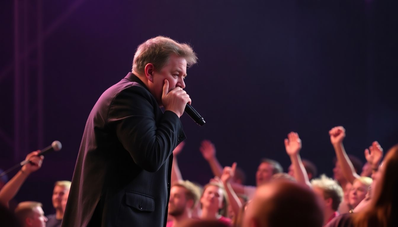 The singer being whispered to by a man on stage, with the audience growing more vocal.