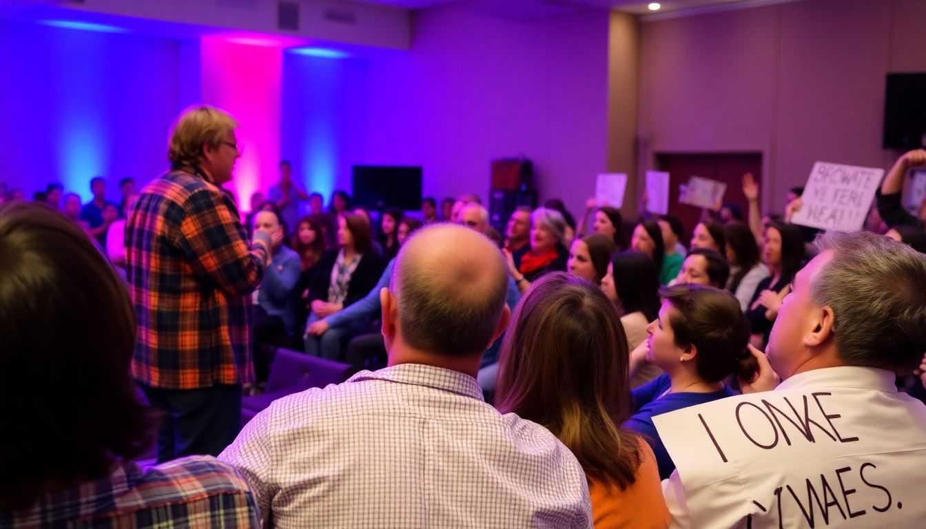 A folk singer on stage singing, with a section of the audience visibly upset and protesting.