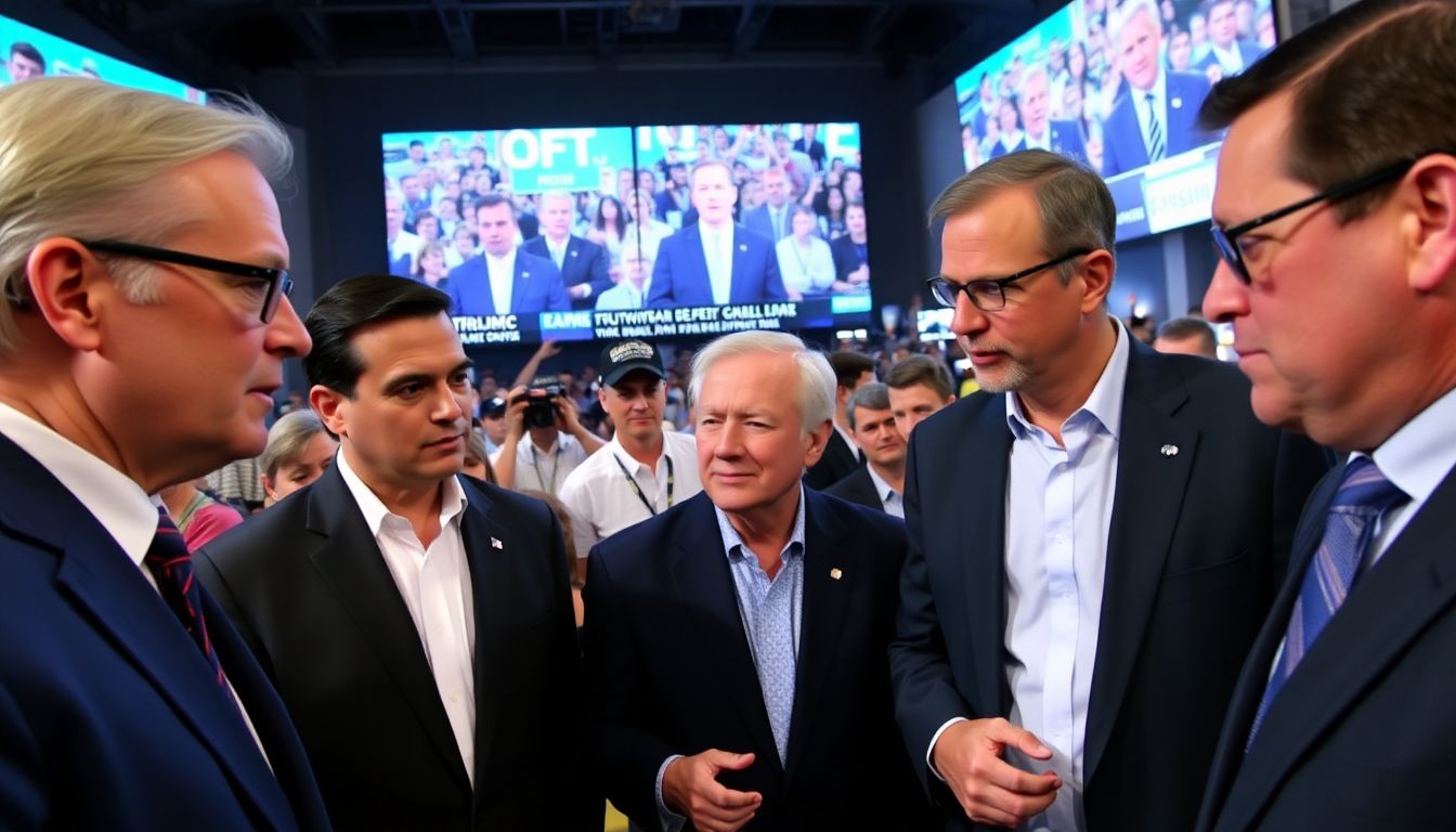 Political figures discussing the event, with media coverage and public reactions in the background.