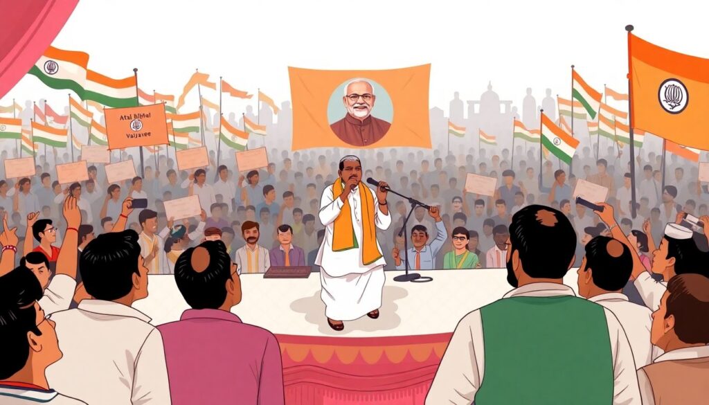 An illustration depicting a folk singer on stage with a mixed crowd, some protesting, and others supporting, with a backdrop of a memorial event for Atal Bihari Vajpayee.