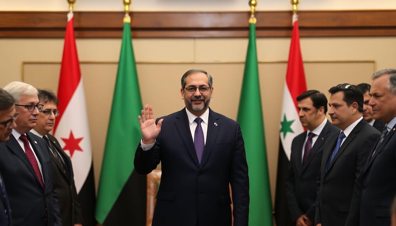 Generate an image of Asaad Hassan al-Shibani being sworn in as the new foreign minister, surrounded by dignitaries and the Syrian flag.