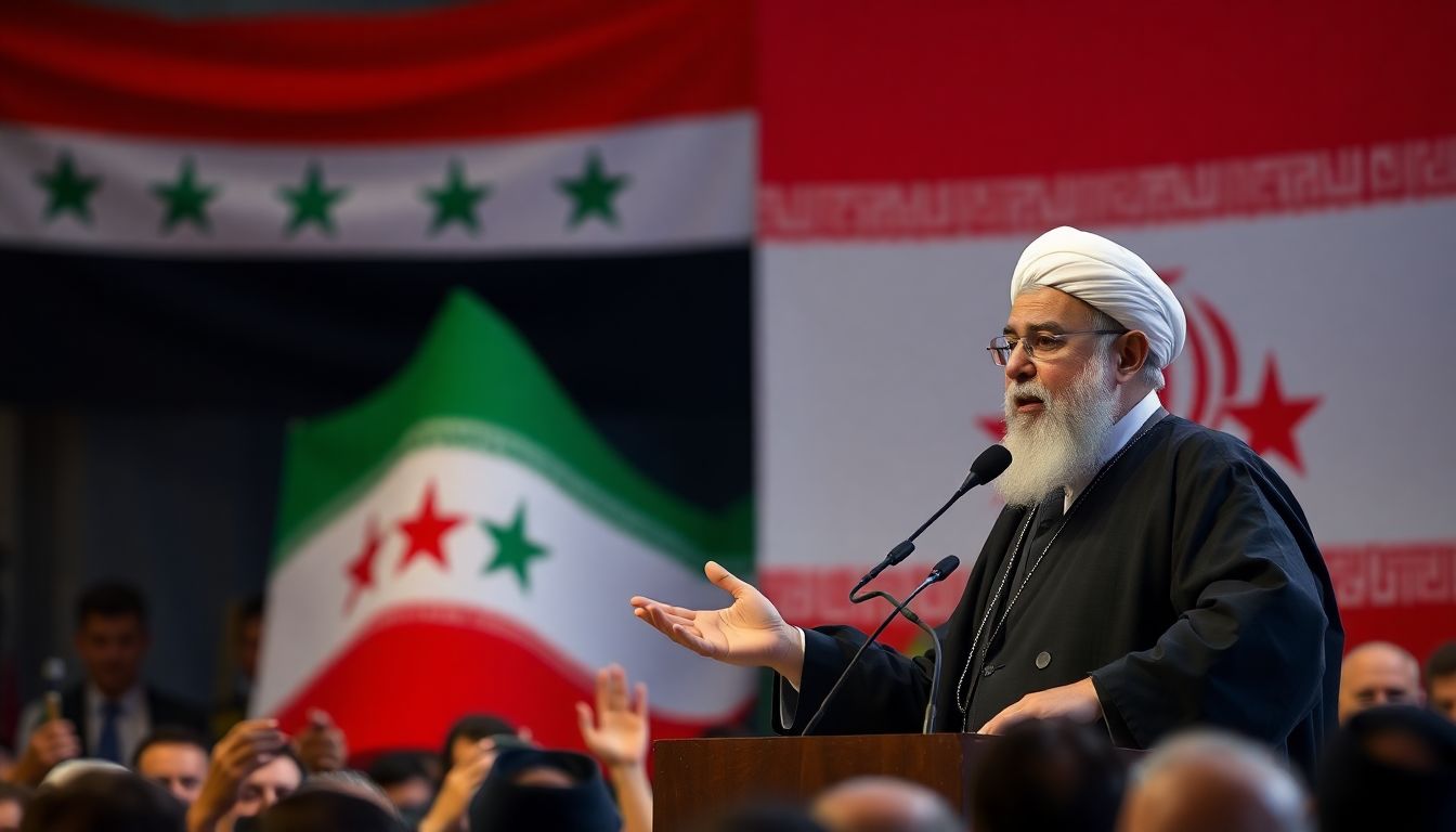 Generate an image of Ayatollah Ali Khamenei addressing a crowd, with a backdrop of Syrian and Iranian flags, symbolizing the complexities of their alliance.