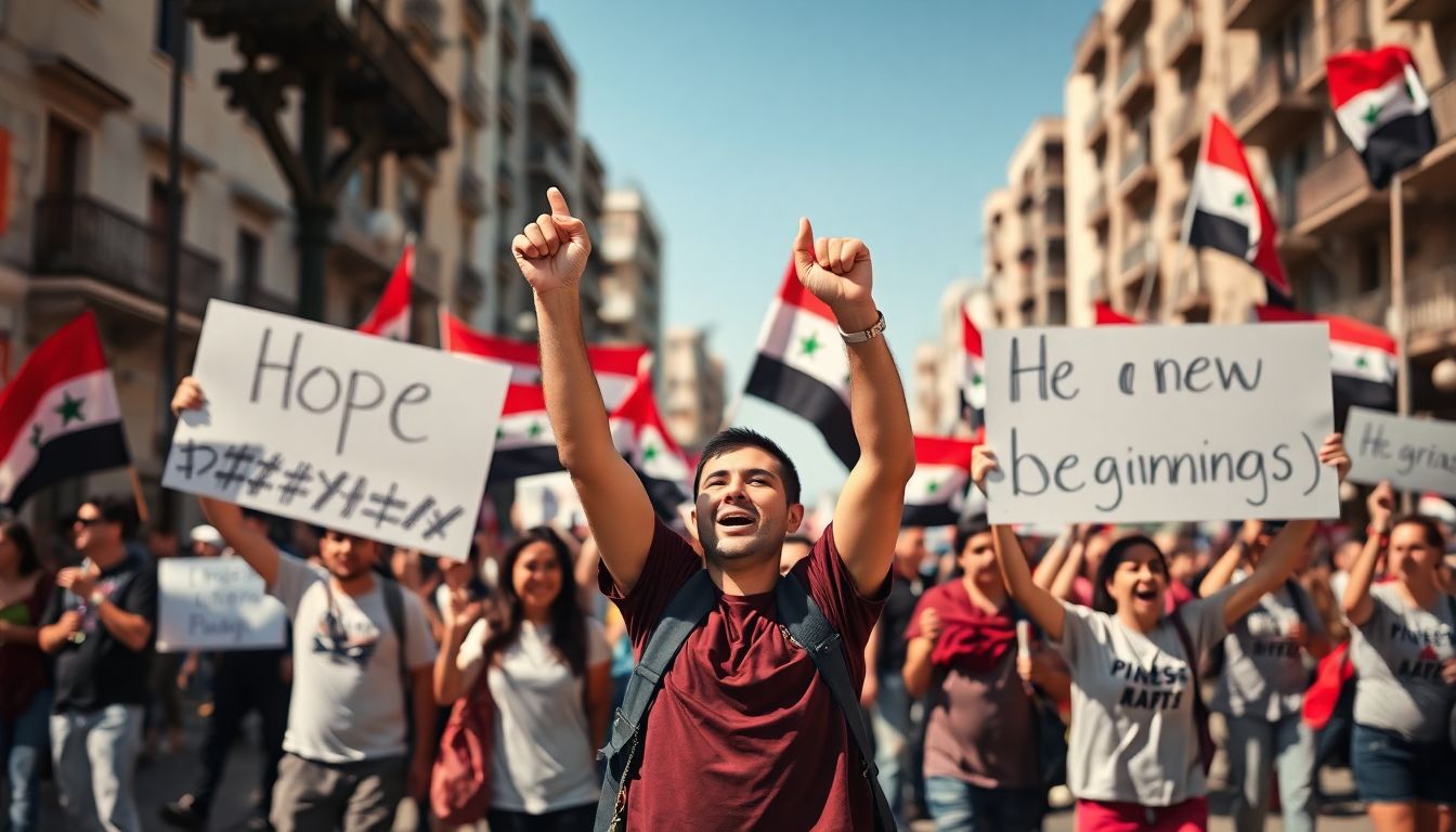 Create an image of Syrian citizens celebrating in the streets, holding flags and signs that symbolize hope and new beginnings.