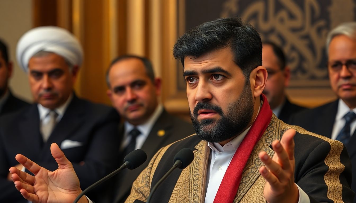 Create an image of al-Shibani delivering his statement, with a determined expression, while Iranian officials watch intently in the background.