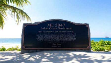 Generate an image of a serene beach in Southeast Asia with a memorial plaque commemorating the 2004 Indian Ocean tsunami, surrounded by lush greenery and a clear blue sky.