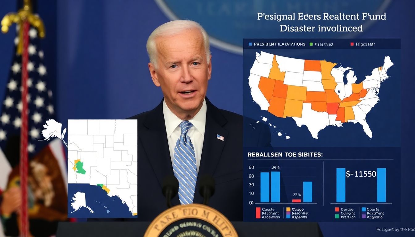 Generate an image of President Joe Biden in a press conference announcing the disaster declaration, with maps of the affected areas and charts showing the allocation of federal funds.