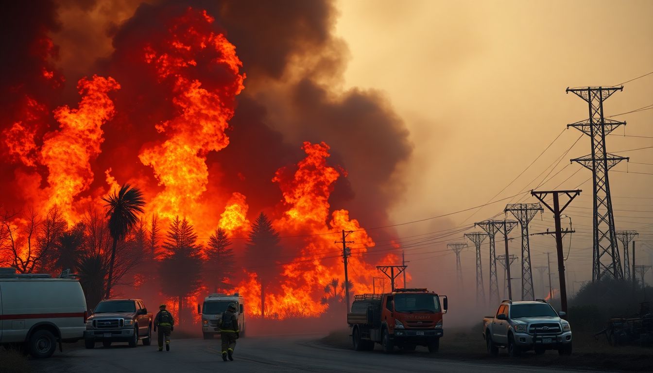 Create an image of raging wildfires merging together, with firefighters and emergency vehicles in the foreground, and a backdrop of destroyed power lines and vehicles.