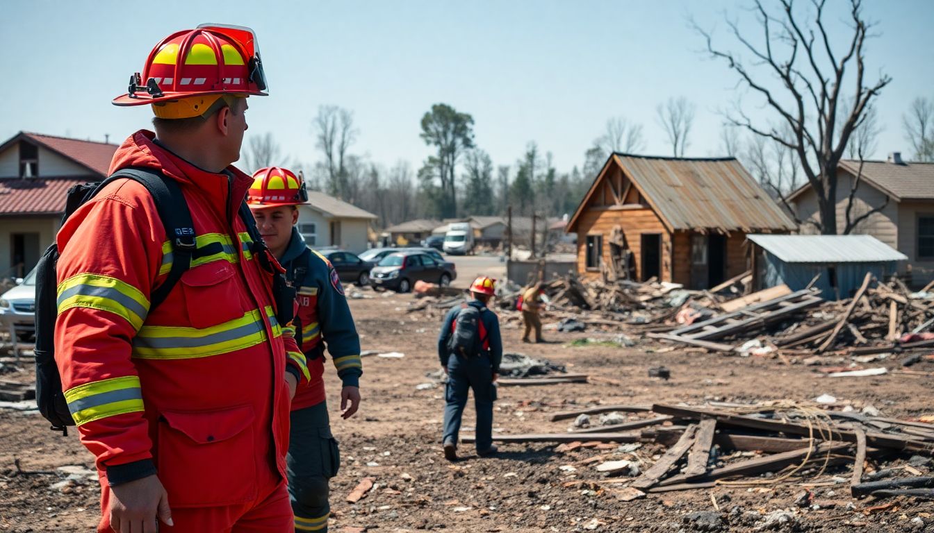 Create an image of emergency responders assessing the damage in the aftermath of the wildfires, with destroyed homes and outbuildings in the background, and a focus on the repair efforts.