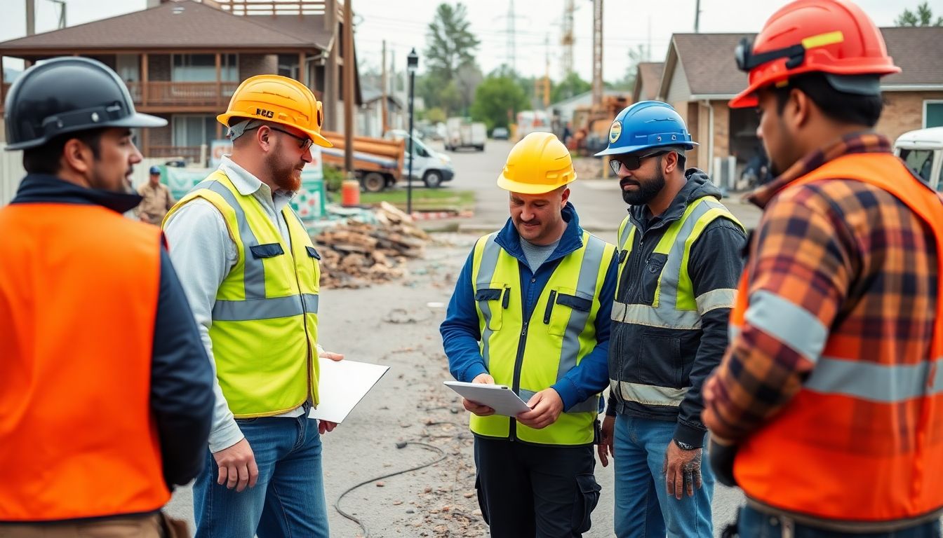 Generate an image of construction workers and emergency responders collaborating on repair and mitigation efforts, with a backdrop of rebuilt infrastructure and a focus on community resilience.