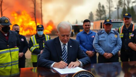 Generate an image of President Joe Biden signing a document with the FEMA logo visible, surrounded by officials and first responders, with a backdrop of wildfires and emergency vehicles.