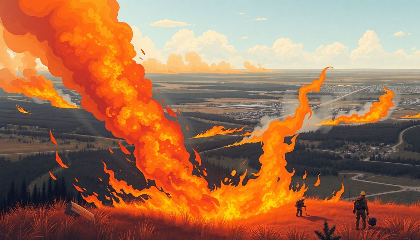 Illustrate the wildfires raging through the North Dakota landscape, with firefighters battling the blaze and affected communities in the background.