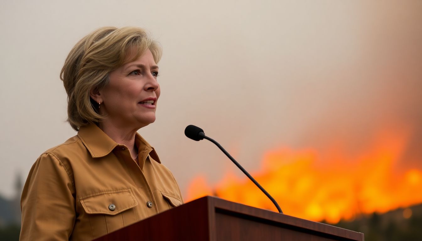 Create an image of Governor Kelly Armstrong addressing the public, with a backdrop of wildfire-affected areas and recovery efforts underway.