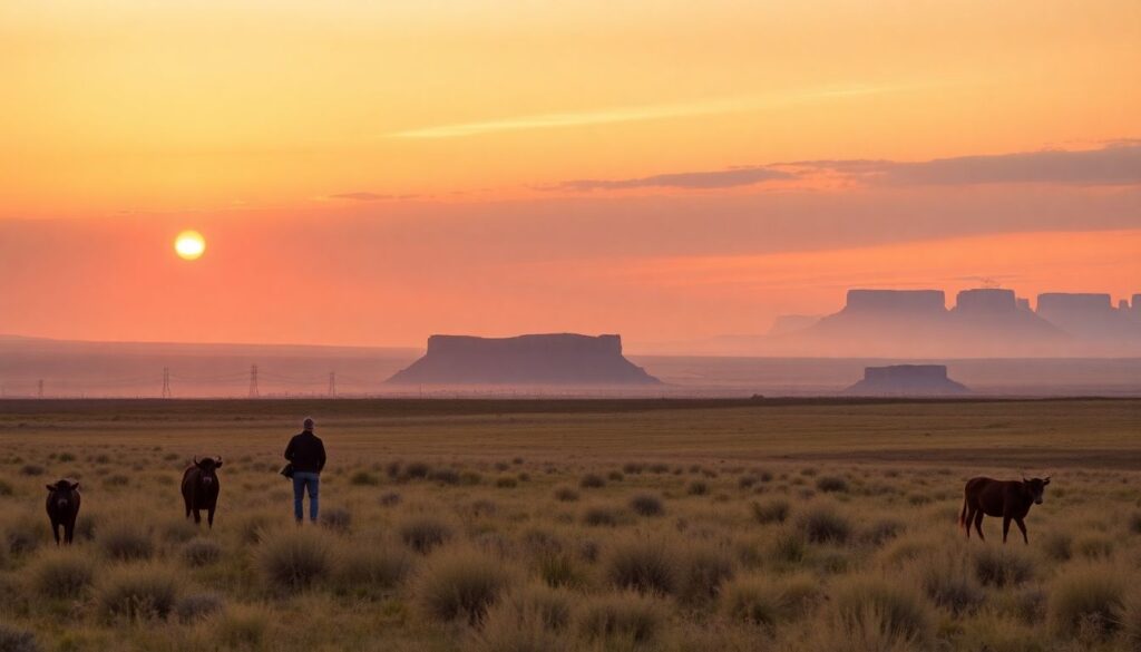 Generate an image of a hopeful North Dakota landscape with signs of recovery after a wildfire, featuring firefighters, community members, and local wildlife, with a backdrop of the state's iconic badlands and the setting sun.