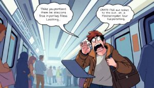 Create an illustration of a person frantically searching for their lost laptop in a bustling subway station, with thought bubbles showing their panic and memories of important files flashing through their mind.