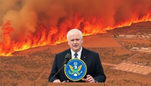 Generate an image of FEMA officials announcing disaster assistance with a backdrop of wildfires and affected areas in North Dakota.