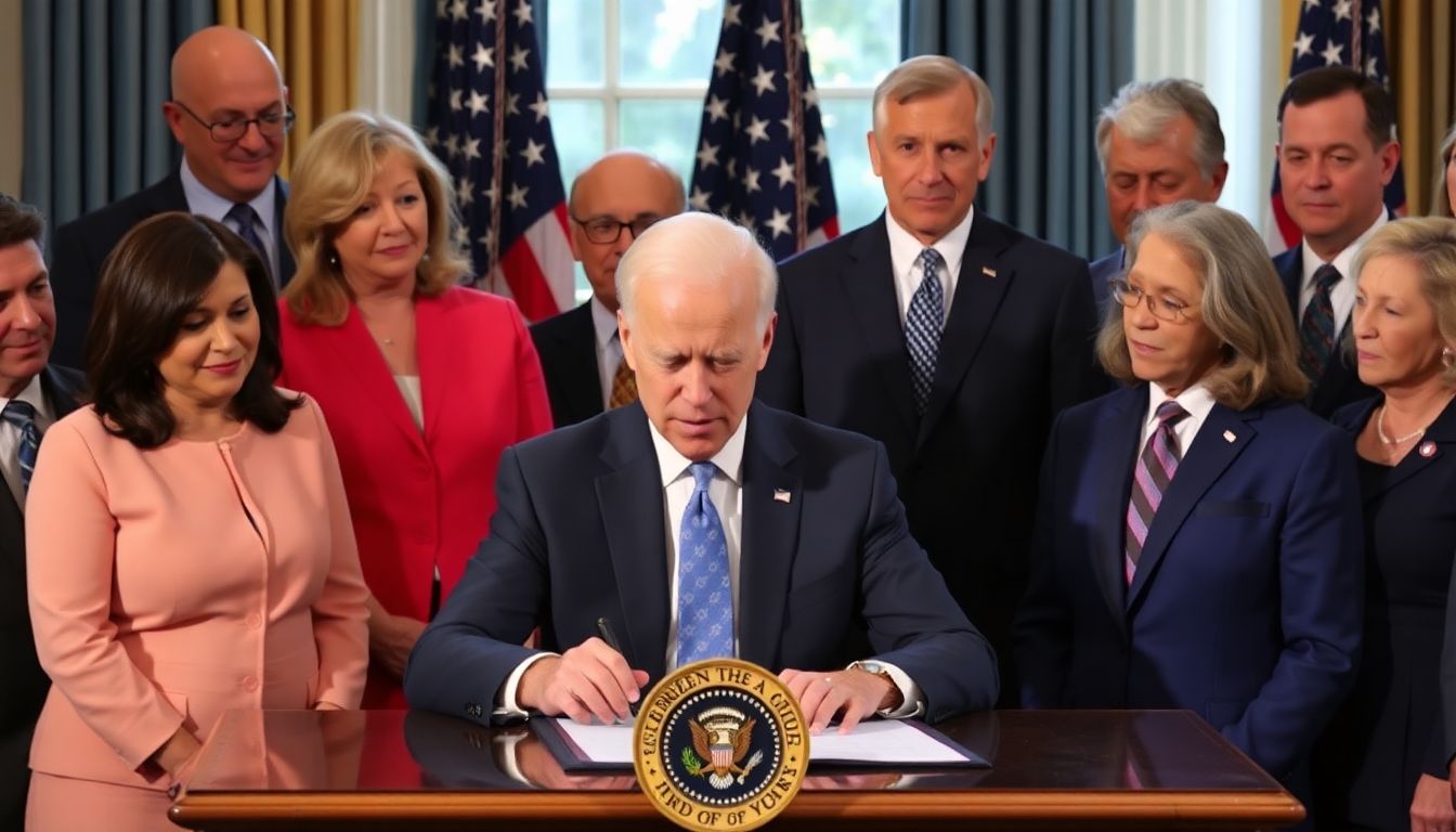 Generate an image of President Biden signing the CDRZ Act into law, surrounded by bipartisan supporters.