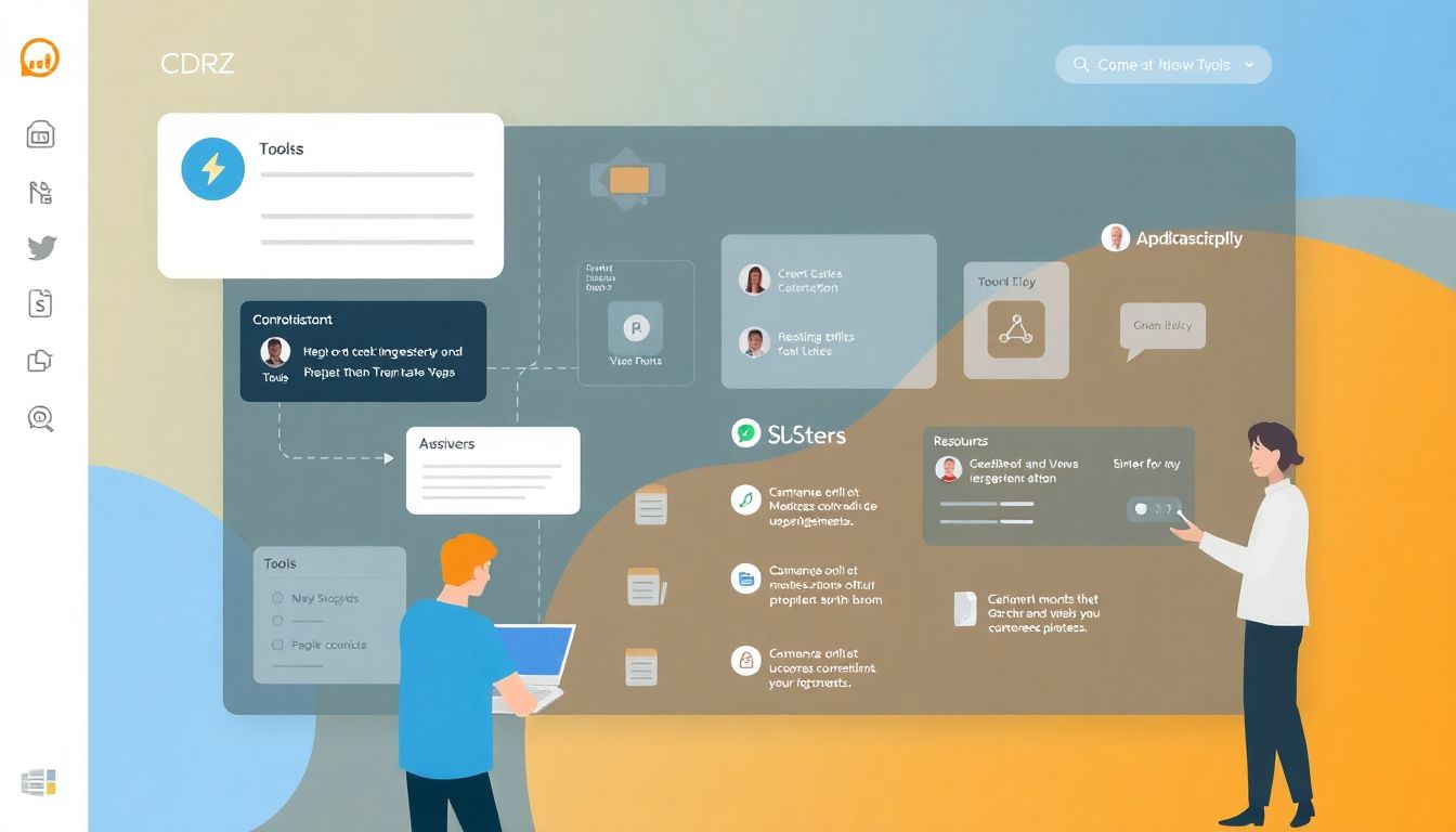 Design an image of the CDRZ platform interface, showing users interacting with the tools and resources available.