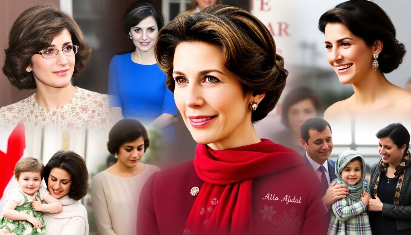 Create a collage of images showcasing Asma al-Assad's life, from her childhood in London to her time as the First Lady of Syria, including moments with her family and public appearances.