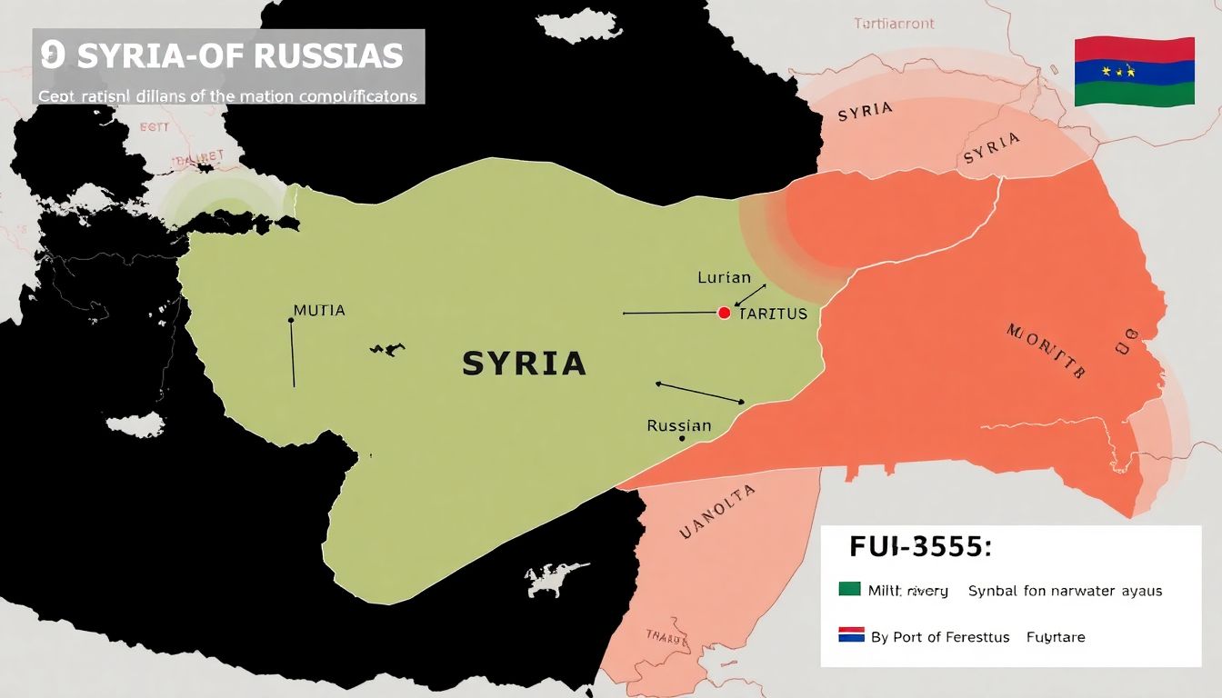 Generate an image of a map highlighting Syria and Russia, with military bases and the port of Tartus marked. Include symbols of political tension and strategic importance.