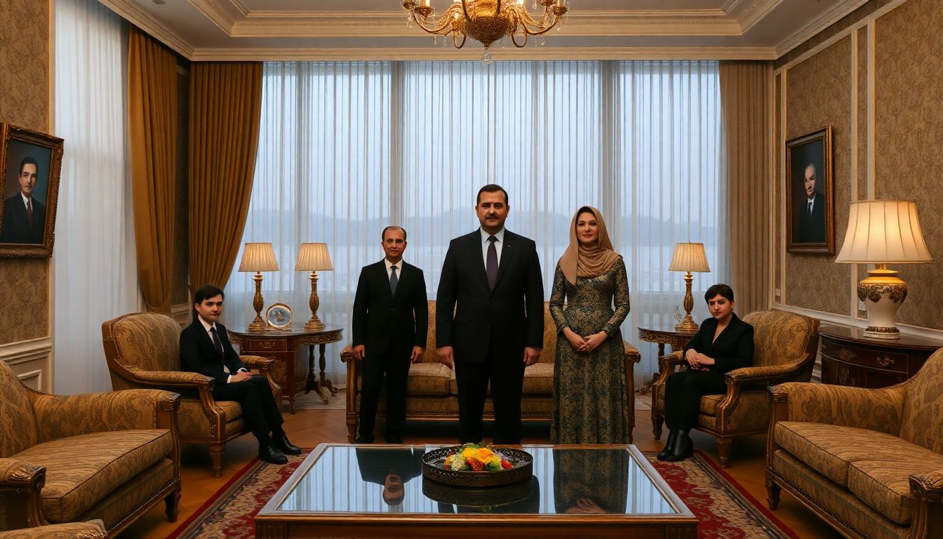 Create an image of the Assad family in a lavish but isolated Moscow residence, with a sense of tension and uncertainty in the air. Bashar al-Assad and Asma should be central figures, with their children and extended family in the background.