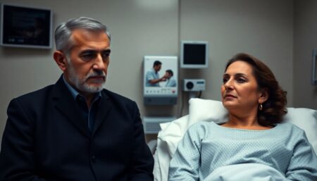 Create an image of Asma al-Assad in a medical isolation room, with her father by her side, looking concerned. The room should have a somber atmosphere, with medical equipment visible in the background.