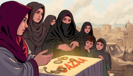 Create an illustration depicting a group of Houthi women, known as Zainabiyat, compelling other women and children to surrender their jewelry at a 'Support Gaza' event, with a backdrop of a war-torn Yemeni cityscape.