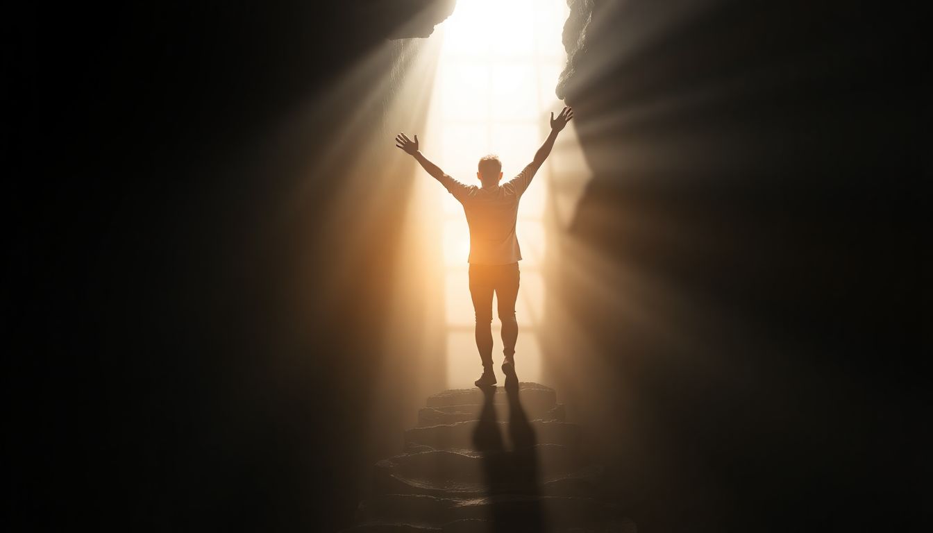 An uplifting image of a person emerging from darkness into light, symbolizing redemption and new beginnings.