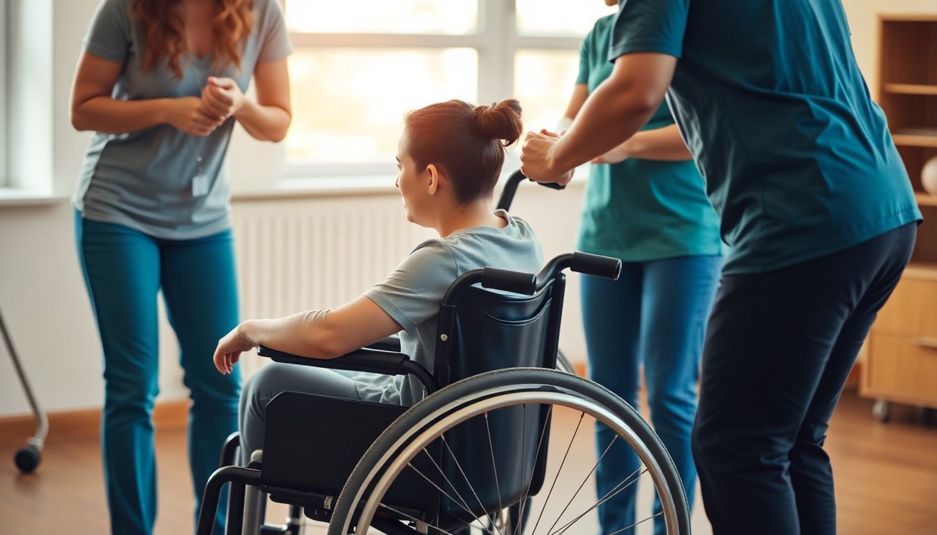 An inspiring image of a person in a wheelchair undergoing physical therapy, surrounded by supportive figures.