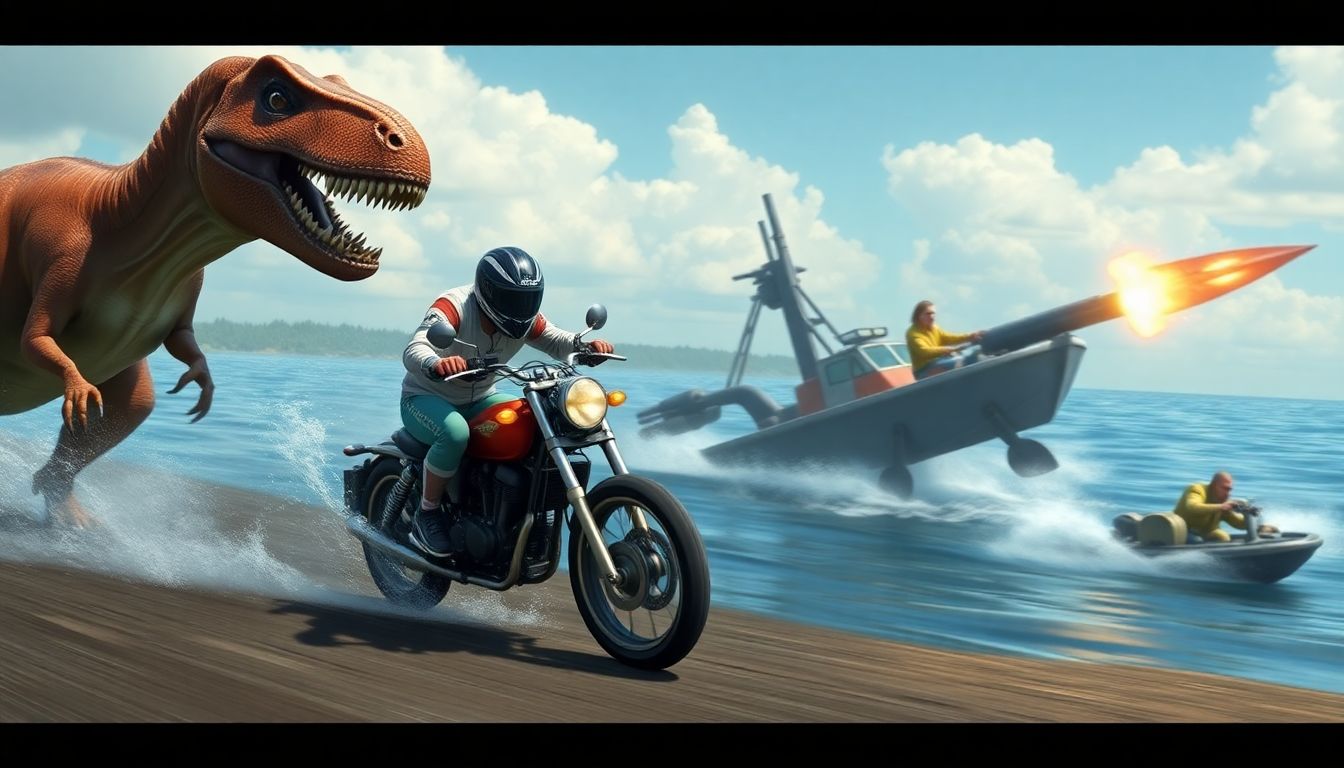 Create an image showcasing a player on a motorcycle outmaneuvering a dinosaur, while another player on a gunboat engages in a battle with a sea creature.