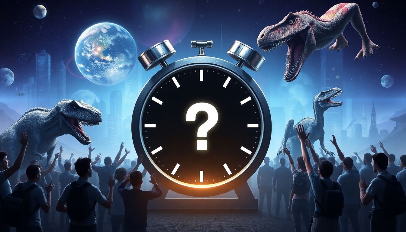 Design an image depicting a countdown clock with a question mark, surrounded by eager players waiting for Ark 2's release, with a backdrop of dinosaurs and futuristic elements.