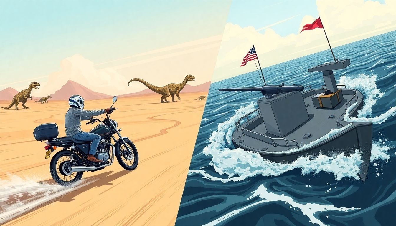 Illustrate a motorcycle speeding through a flat, open landscape with dinosaurs in the background, and a gunboat navigating treacherous waters with a harpoon gun mounted on it.