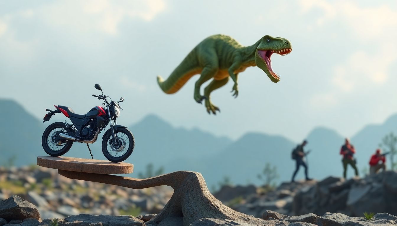 Design an image with a scale balancing a motorcycle and a dinosaur, with players strategizing in the background, highlighting the need for balance in gameplay.