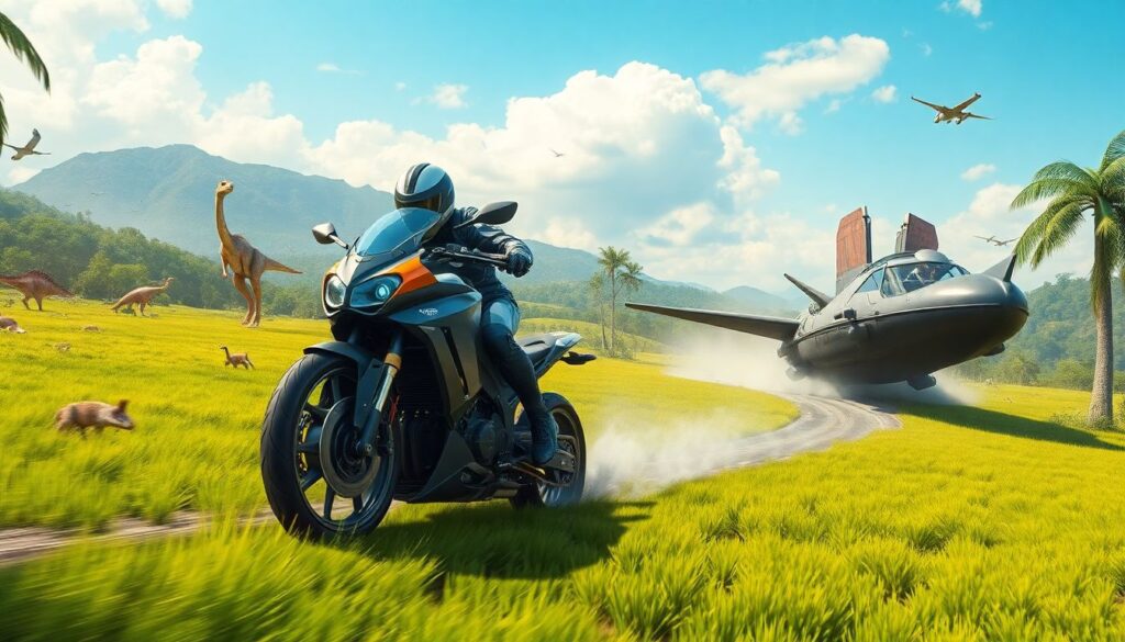 Create an image showcasing a futuristic motorcycle and a sleek gunboat navigating through a lush, dinosaur-filled landscape, with a hint of modern technology blending with the prehistoric environment.