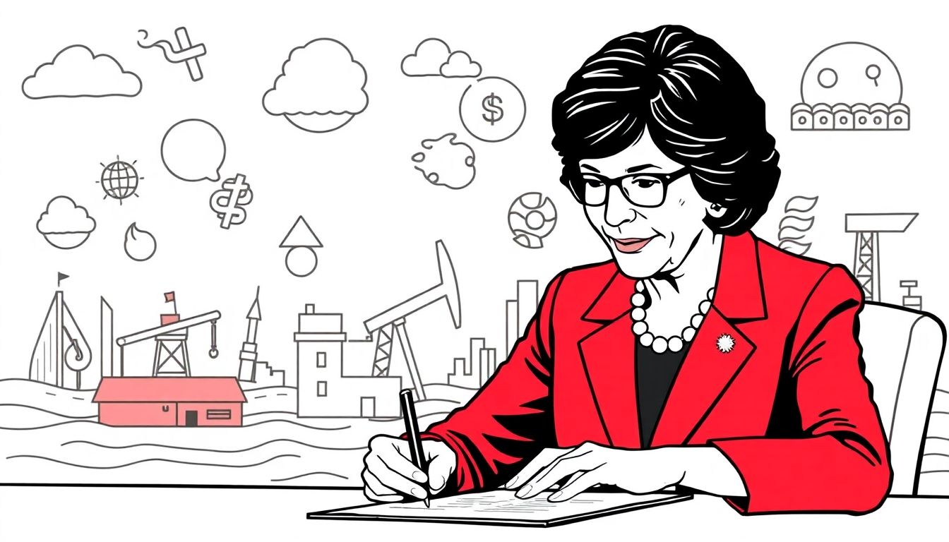 An illustration of Governor Hochul signing the law, with symbols of climate change and fossil fuel companies in the background.