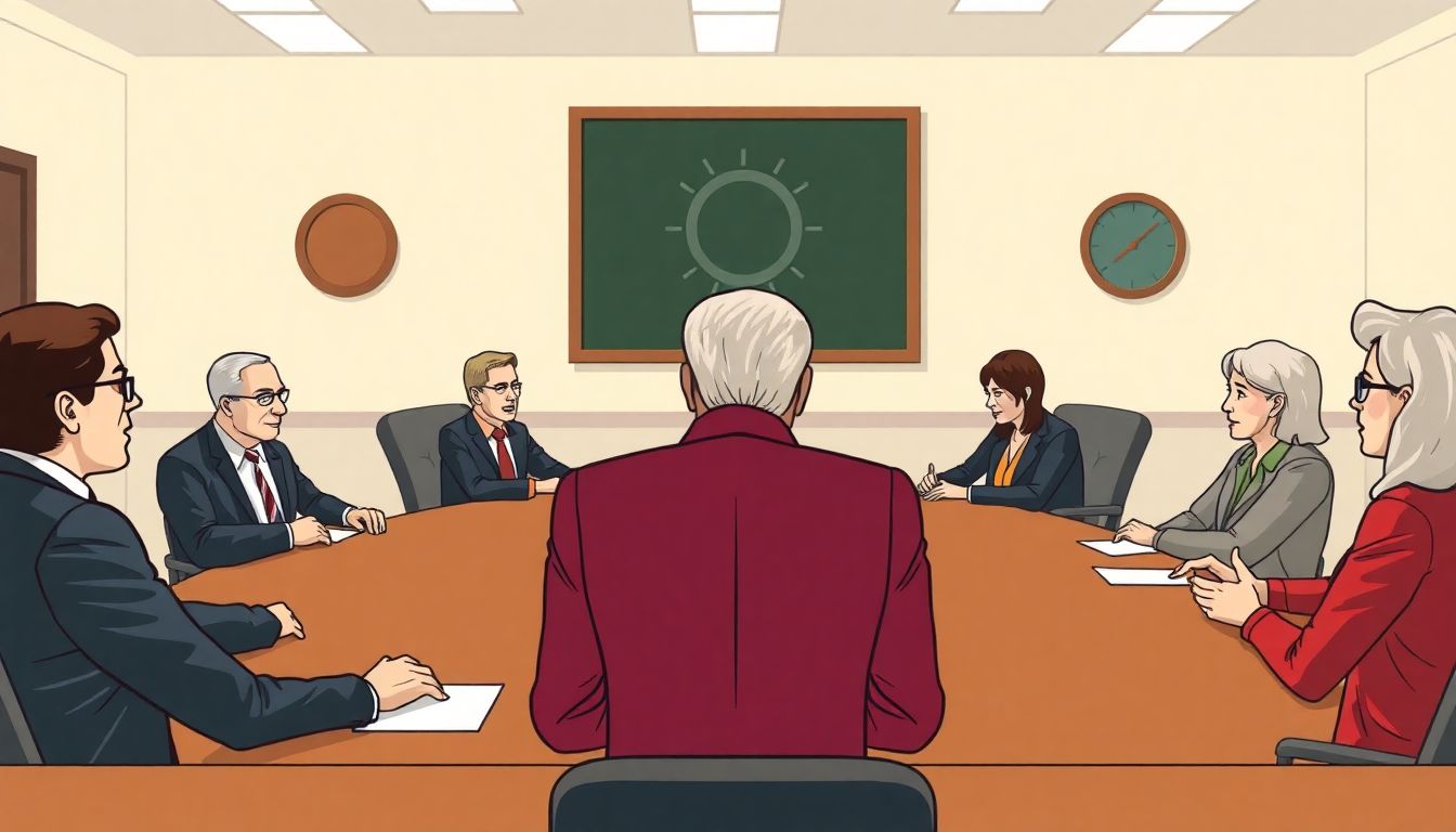 Generate an image depicting a tense boardroom meeting with contrasting figures representing the mayor, school board members, and educators.