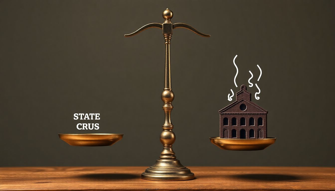 Design an image showing a balanced scale with the state's fiscal stability on one side and the city's financial chaos on the other.