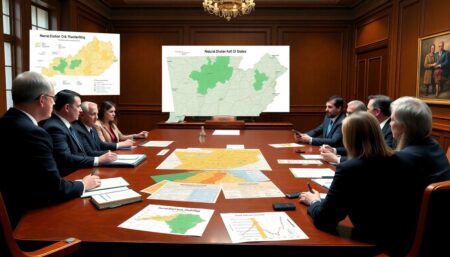 Generate an image of Kentucky lawmakers discussing natural disaster mitigation strategies in a formal setting, with maps and charts showing potential disaster zones and mitigation plans.