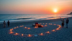 Create a poignant and respectful image that captures the essence of remembrance and resilience, featuring a serene beach with a memorial monument, surrounded by people holding candles and flowers, with a backdrop of a setting sun.