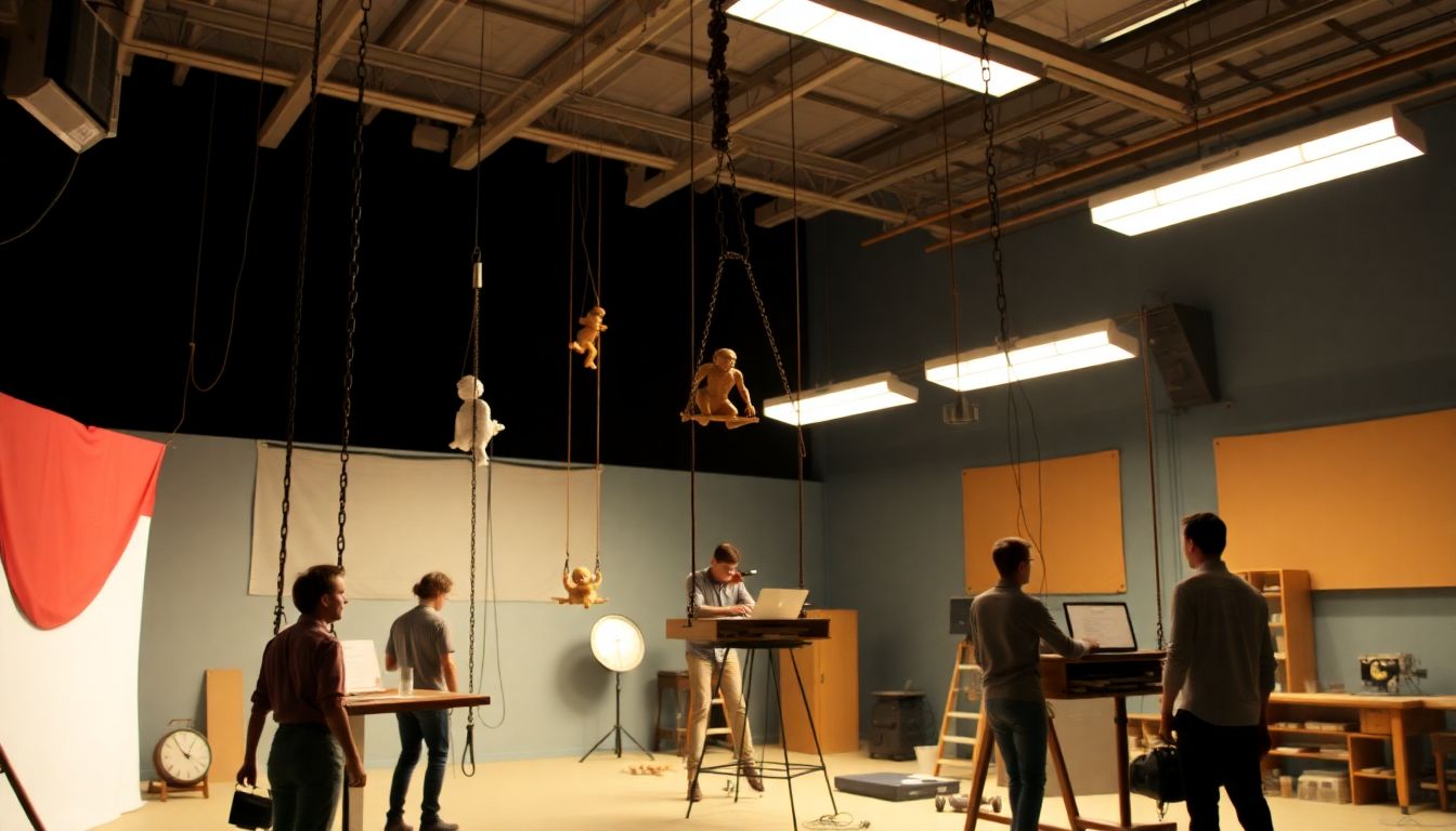 Depict a scene from the animation studio, with the team working on suspended rigs to create the stop-motion effects.