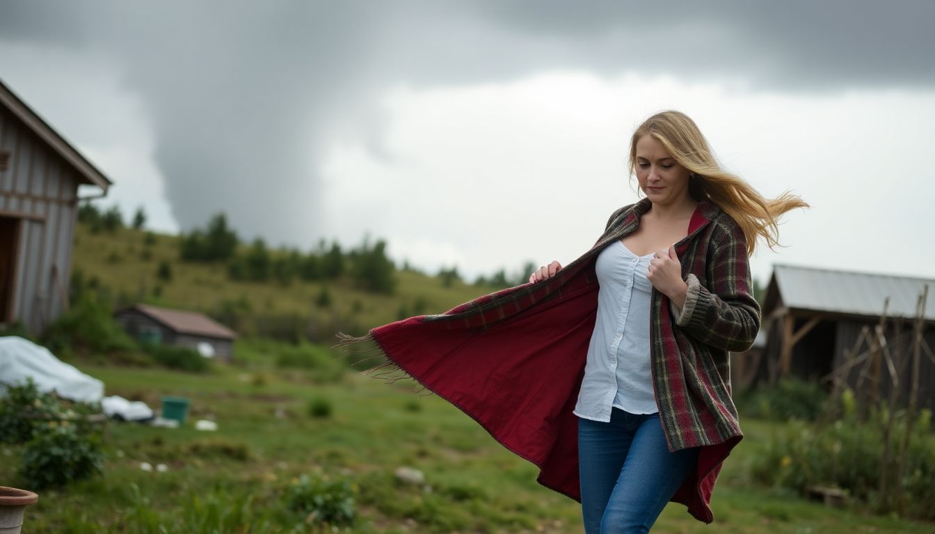 Show Anna stepping outside, with the tornado’s winds pulling at her clothes and the environment around her.