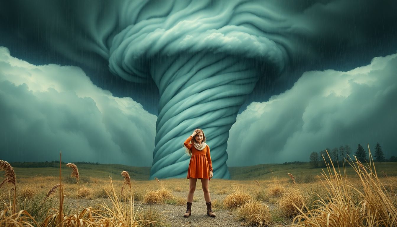 Create a final image of Anna standing calmly amidst the tornado, symbolizing her acceptance of the unpredictable.