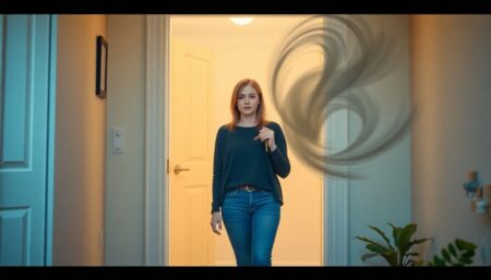 Create an image of a young woman, Anna, standing at the door of her neatly organized home, with a tornado swirling just outside, pulling at her keys and the doorknob.