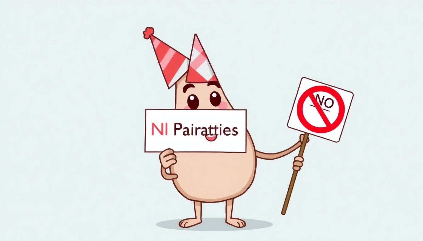 Create an illustration of Airbnb's mascot wearing a party hat and holding a 'No Parties' sign, with a playful and friendly demeanor.