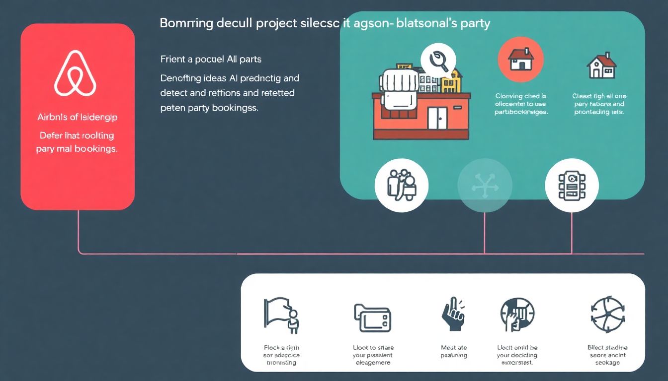 Design an infographic showcasing the AI process used by Airbnb to detect and prevent potential party bookings, with icons representing different risk factors.