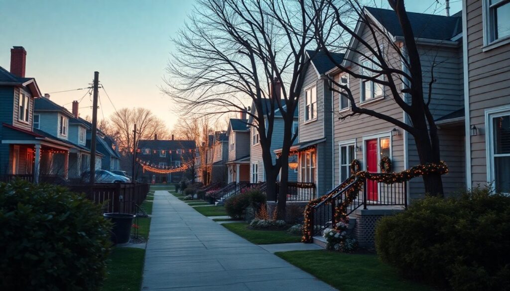 Generate an image of a peaceful neighborhood with Airbnb rentals, showcasing a festive yet calm atmosphere with subtle hints of New Year's Eve decorations.